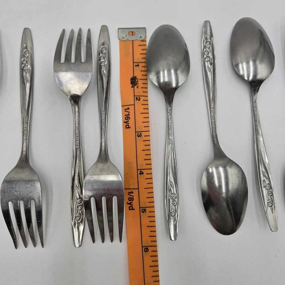 Vtg Radiant‎ Rose Floral Stainless Steel Spoon and Fork Set 8 Piece